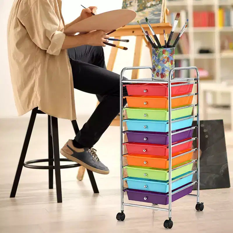 Costway Carrello Portaoggetti a 10 Cassetti con Ruote Organizer per Scrapbook Ufficio Scuola Multicolore