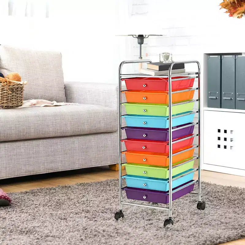 Costway Carrello Portaoggetti a 10 Cassetti con Ruote Organizer per Scrapbook Ufficio Scuola Multicolore