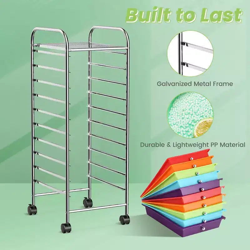 Costway Carrello Portaoggetti a 10 Cassetti con Ruote Organizer per Scrapbook Ufficio Scuola Multicolore