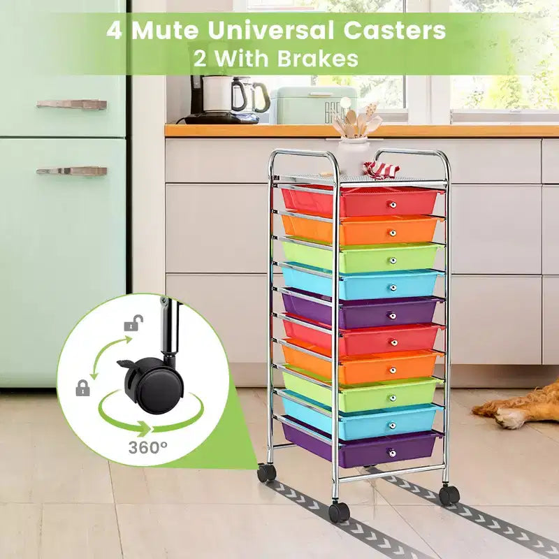 Costway Carrello Portaoggetti a 10 Cassetti con Ruote Organizer per Scrapbook Ufficio Scuola Multicolore