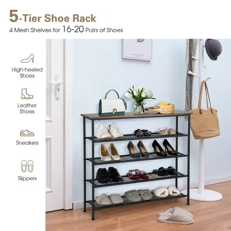Costway Scarpiera a 5 livelli, Organizzatore Porta Scarpe con 4 Ripiani in Rete Metallica per 16-20 Paia di Scarpe