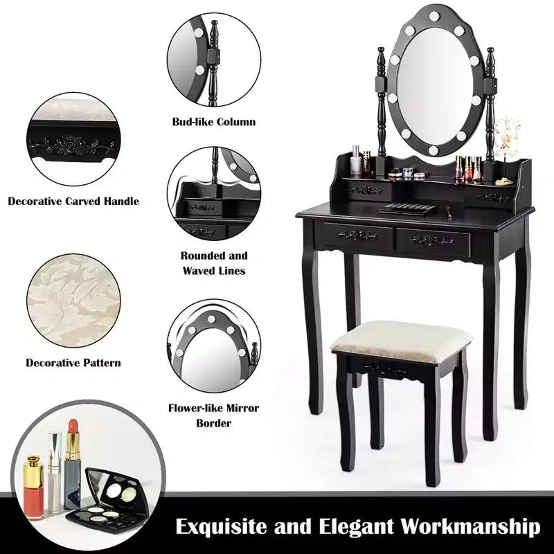 Costway Set Toilette da Trucco con 10 Lampadine Dimmerabili Sgabello Imbottito
