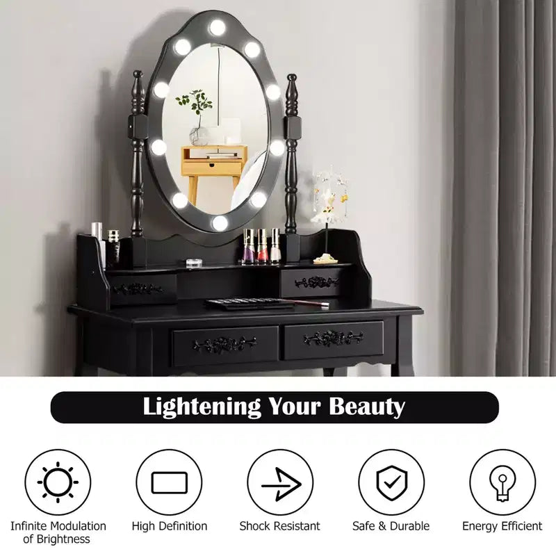 Costway Set Toilette da Trucco con 10 Lampadine Dimmerabili Sgabello Imbottito