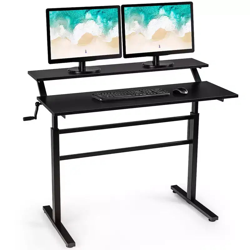Costway Scrivania Regolabile a Manovella con Ripiano per Monitor, Stazione di Lavoro da Seduto a in Piedi Marrone/Nero