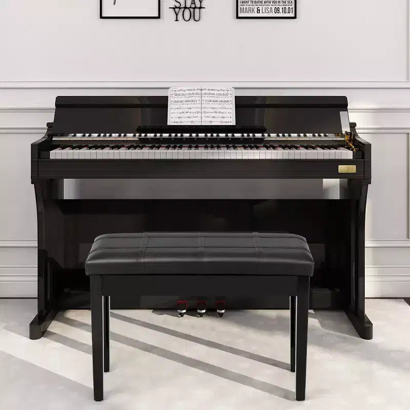 Panca per pianoforte Costway in legno massello e pelle PU, doppia imbottita, per duetti, con vano portaoggetti, nera