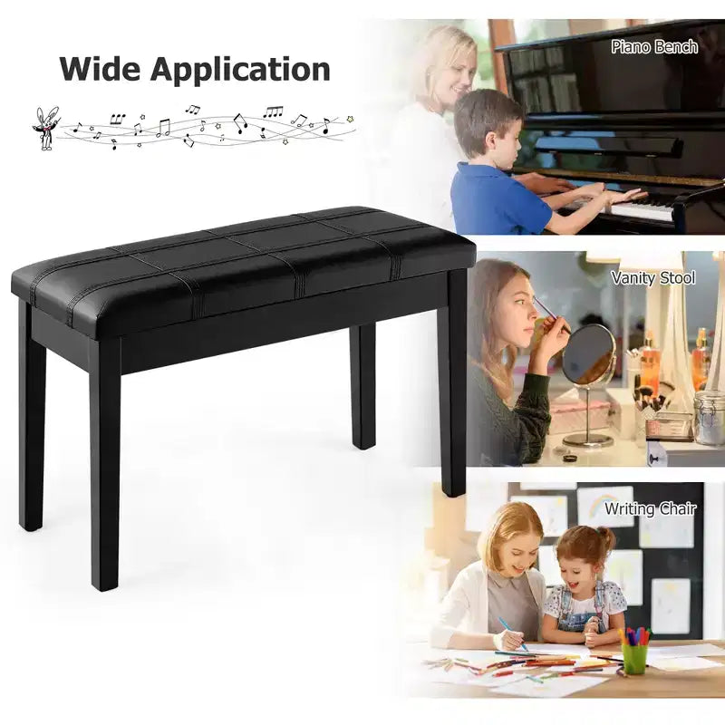 Panca per pianoforte Costway in legno massello e pelle PU, doppia imbottita, per duetti, con vano portaoggetti, nera