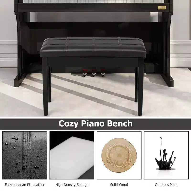 Panca per pianoforte Costway in legno massello e pelle PU, doppia imbottita, per duetti, con vano portaoggetti, nera
