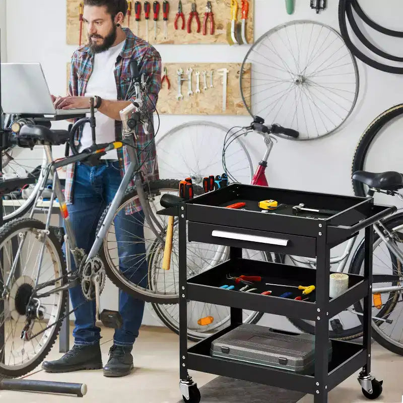 Carrello Portautensili a Tre Ripiani Costway con Cassetto e Armadietto Organizer Mobile per Officina