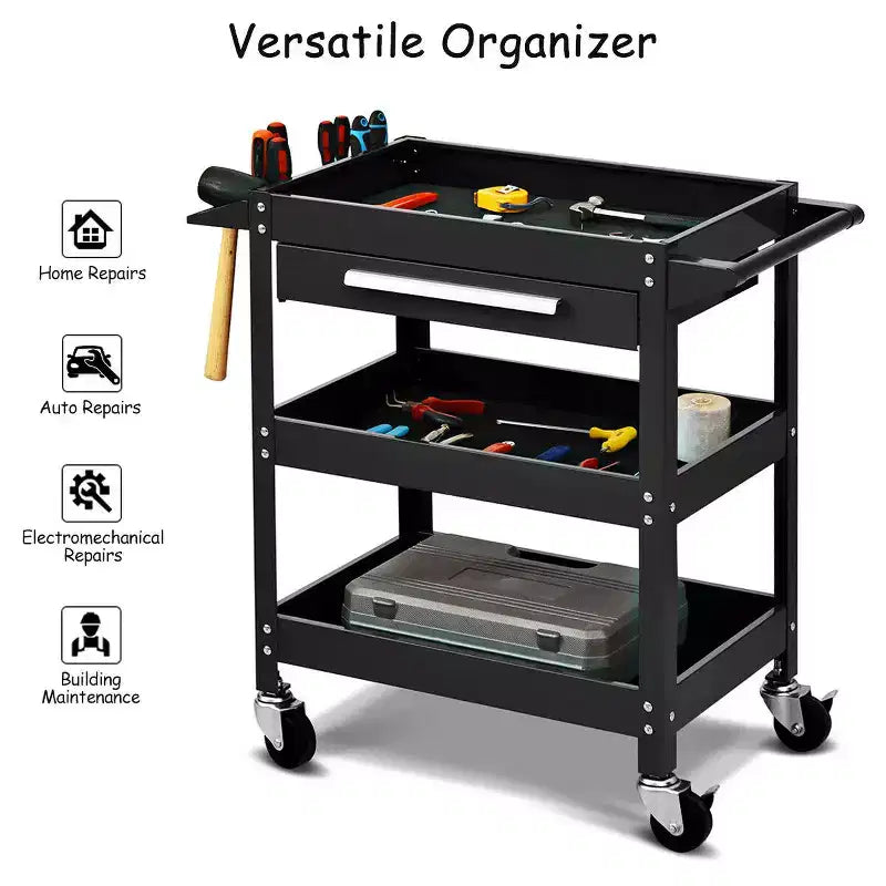 Carrello Portautensili a Tre Ripiani Costway con Cassetto e Armadietto Organizer Mobile per Officina