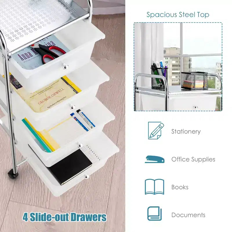 Costway Carrello Portaoggetti a 4 Cassetti con Organizer e Ruote in Plastica Giallo/Trasparente/Multicolore/Arcobaleno
