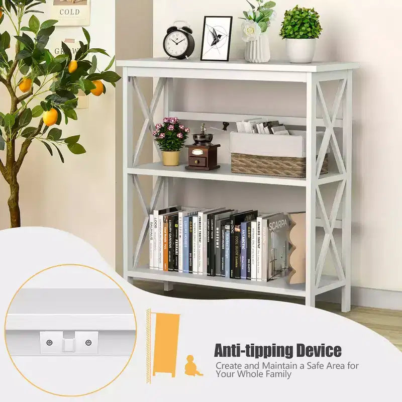 Costway Libreria in Legno a 3 Ripiani Scaffale Aperto con Design a X Autoportante NeroMarroneNaturaleBianco