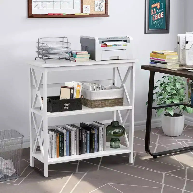 Costway Libreria in Legno a 3 Ripiani Scaffale Aperto con Design a X Autoportante NeroMarroneNaturaleBianco