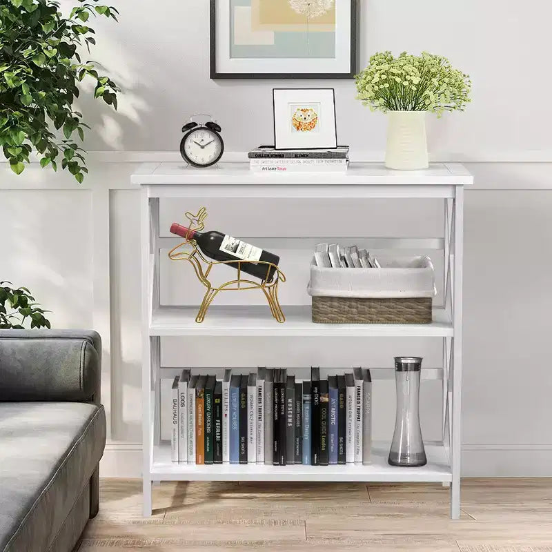 Costway Libreria in Legno a 3 Ripiani Scaffale Aperto con Design a X Autoportante NeroMarroneNaturaleBianco