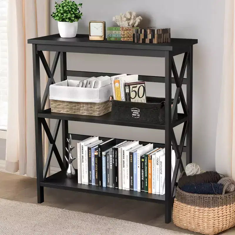 Costway Libreria in Legno a 3 Ripiani Scaffale Aperto con Design a X Autoportante NeroMarroneNaturaleBianco
