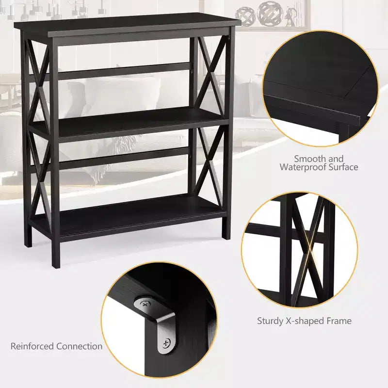 Costway Libreria in Legno a 3 Ripiani Scaffale Aperto con Design a X Autoportante NeroMarroneNaturaleBianco