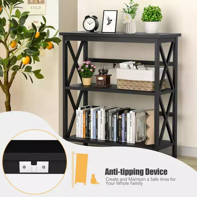 Costway Libreria in Legno a 3 Ripiani Scaffale Aperto con Design a X Autoportante NeroMarroneNaturaleBianco