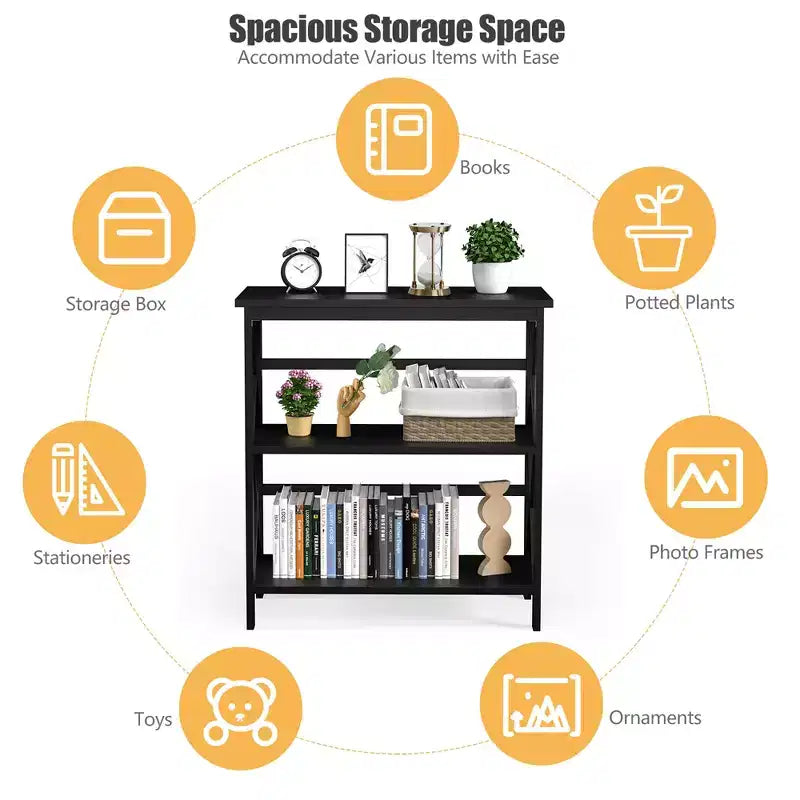 Costway Libreria in Legno a 3 Ripiani Scaffale Aperto con Design a X Autoportante NeroMarroneNaturaleBianco