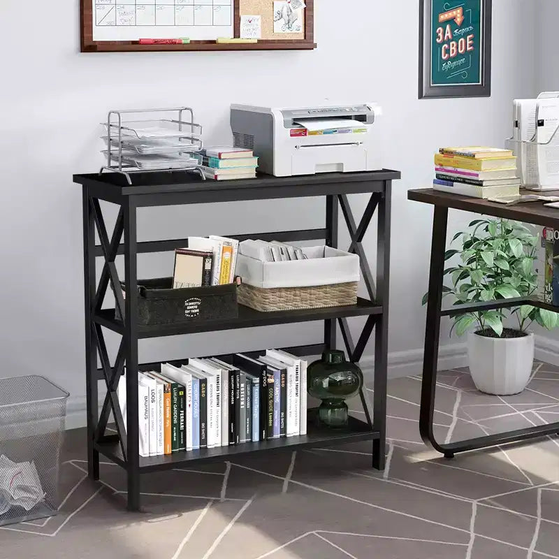 Costway Libreria in Legno a 3 Ripiani Scaffale Aperto con Design a X Autoportante NeroMarroneNaturaleBianco