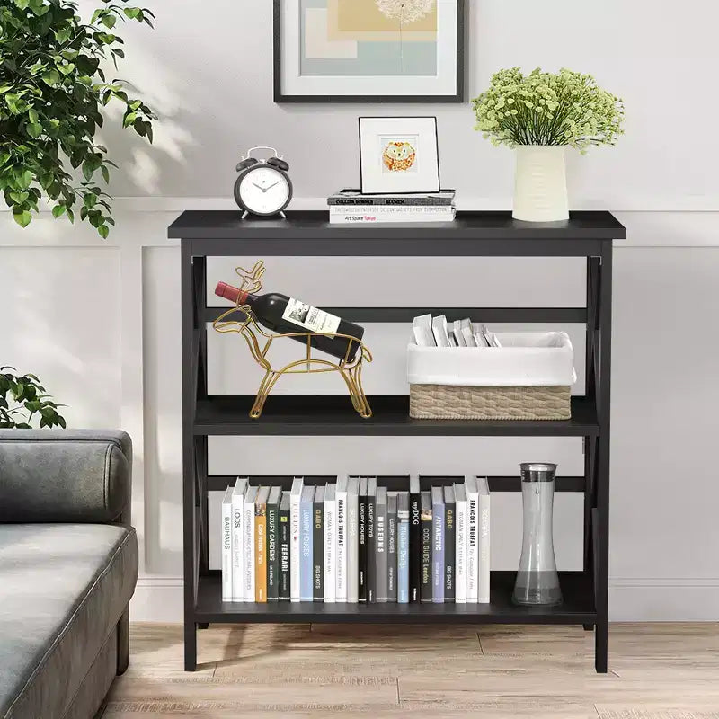 Costway Libreria in Legno a 3 Ripiani Scaffale Aperto con Design a X Autoportante NeroMarroneNaturaleBianco