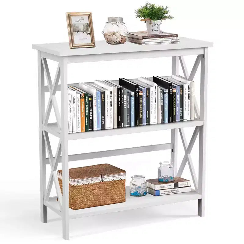 Costway Libreria in Legno a 3 Ripiani Scaffale Aperto con Design a X Autoportante NeroMarroneNaturaleBianco