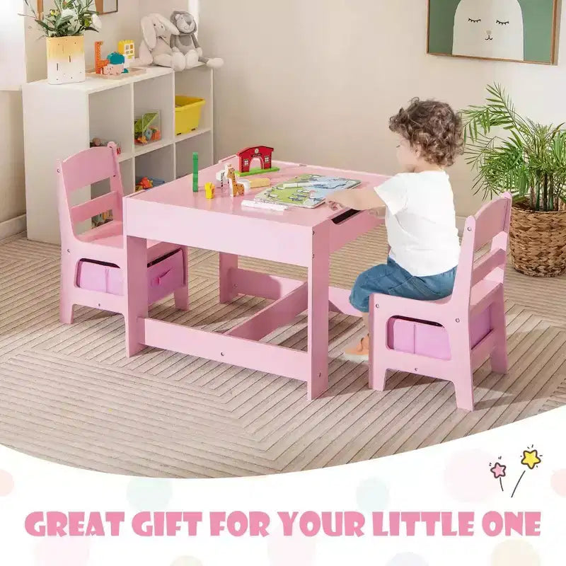 Costway Tavolo 3 in 1 in Legno con Sedie e Contenitore, Rosa
