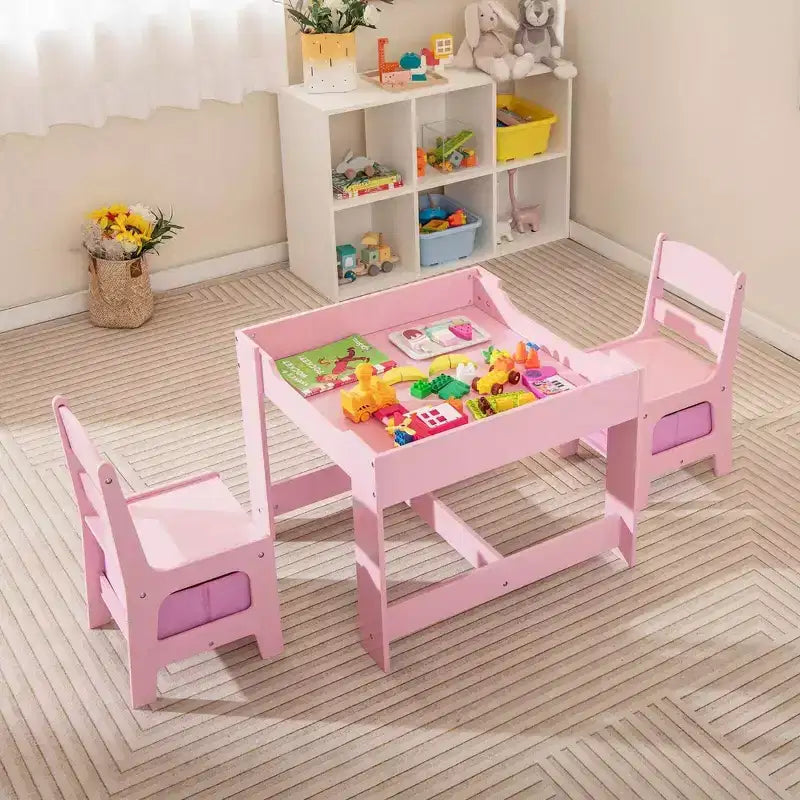 Costway Tavolo 3 in 1 in Legno con Sedie e Contenitore, Rosa