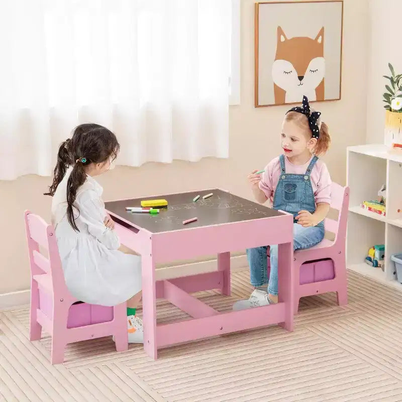 Costway Tavolo 3 in 1 in Legno con Sedie e Contenitore, Rosa