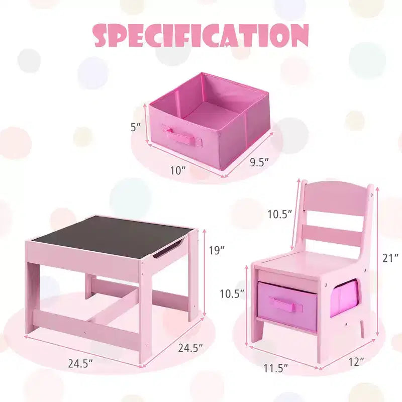 Costway Tavolo 3 in 1 in Legno con Sedie e Contenitore, Rosa