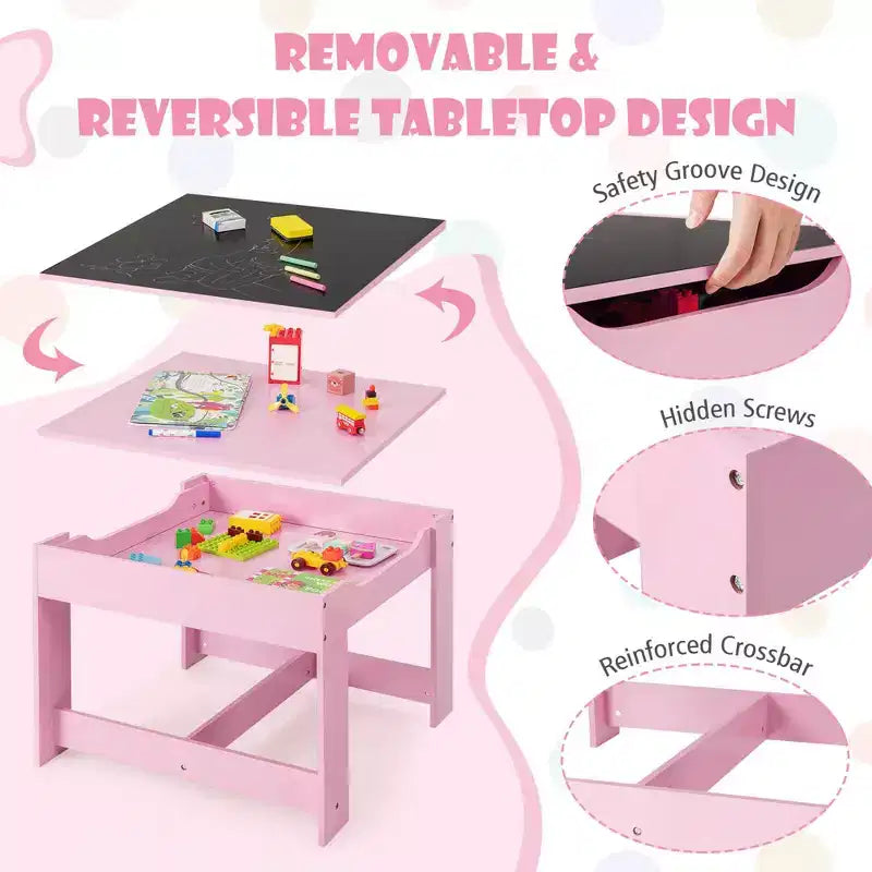 Costway Tavolo 3 in 1 in Legno con Sedie e Contenitore, Rosa