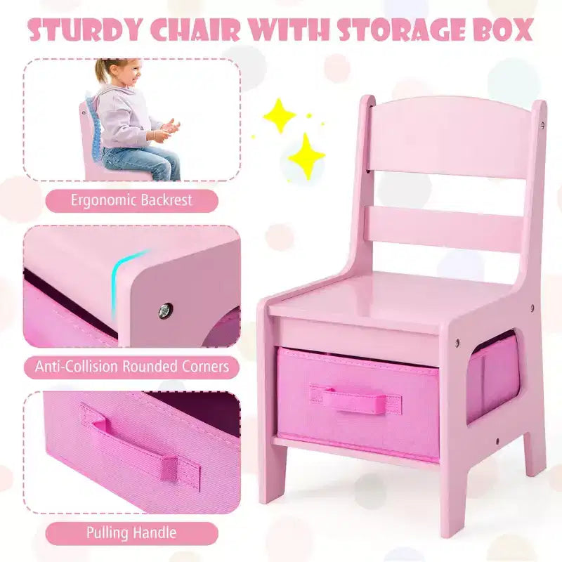 Costway Tavolo 3 in 1 in Legno con Sedie e Contenitore, Rosa