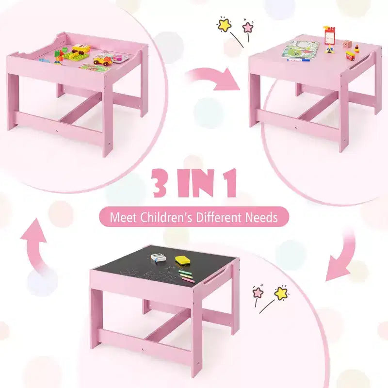 Costway Tavolo 3 in 1 in Legno con Sedie e Contenitore, Rosa