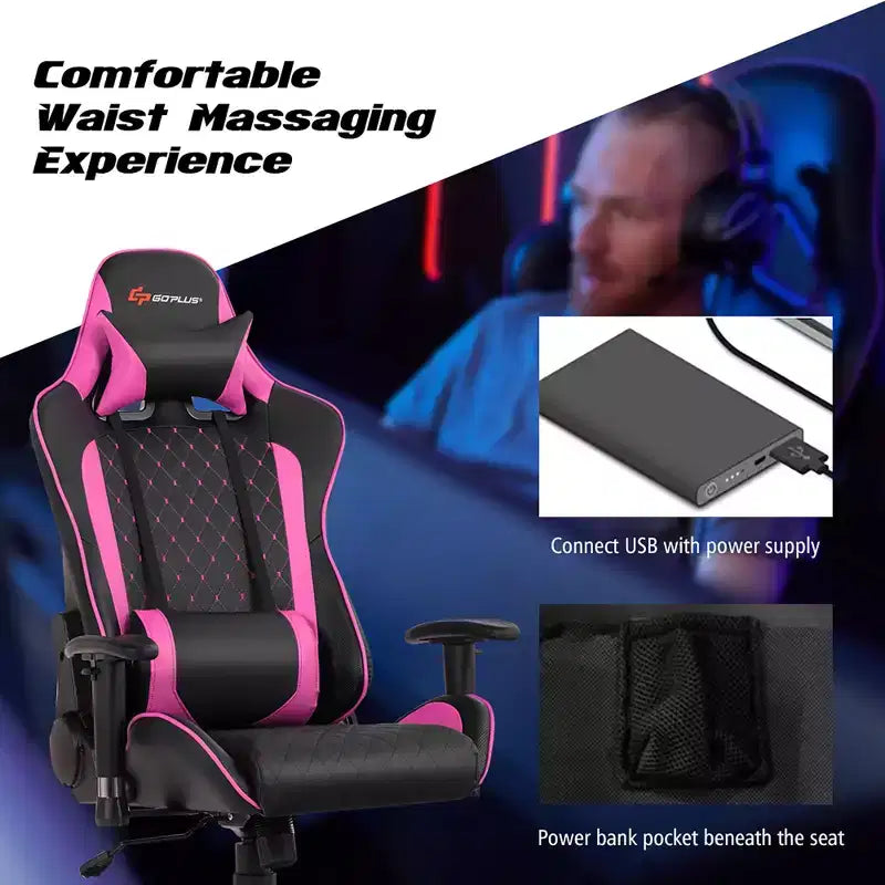 Sedia da Gaming con Massaggio Costway, Sedia da Corsa Reclinabile con Supporto Lombare e Poggiatesta Bianco/Blu/Rosa/Rosso