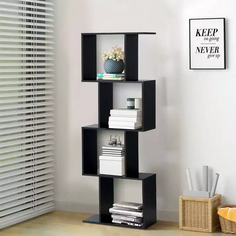 Costway Scaffale a 4 ripiani a forma di S Libreria autoportante Mobiletto Portaoggetti Espositore in Legno Nero
