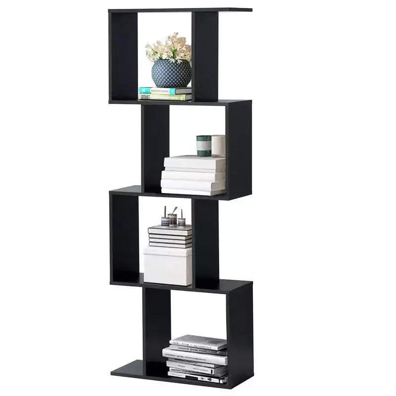 Costway Scaffale a 4 ripiani a forma di S Libreria autoportante Mobiletto Portaoggetti Espositore in Legno Nero