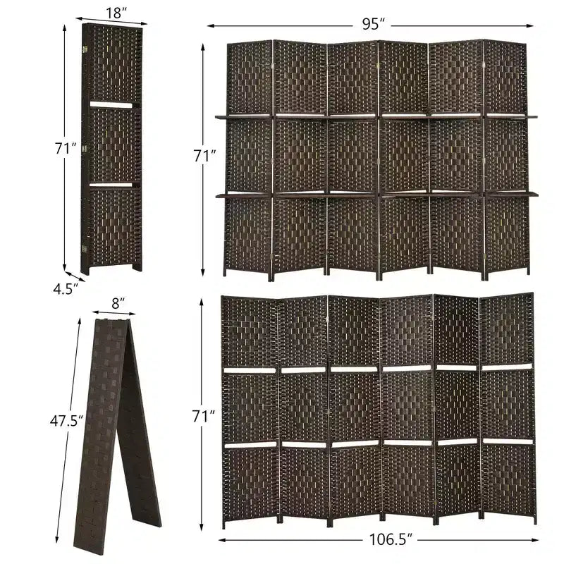 Costway Divisorio Pieghevole a 6 Pannelli 1,8 m Schermo in Fibra Intrecciata con 2 Ripiani Espositivi