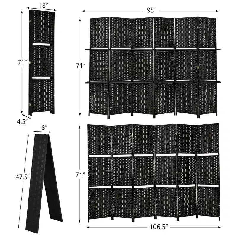 Costway Divisorio Pieghevole a 6 Pannelli 1,8 m Schermo in Fibra Intrecciata con 2 Ripiani Espositivi