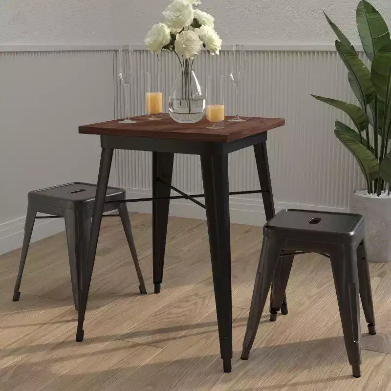 Merrick Lane 23.5 Tavolo Contemporaneo in Acciaio per Interni con Piano Quadrato in Legno Rustico
