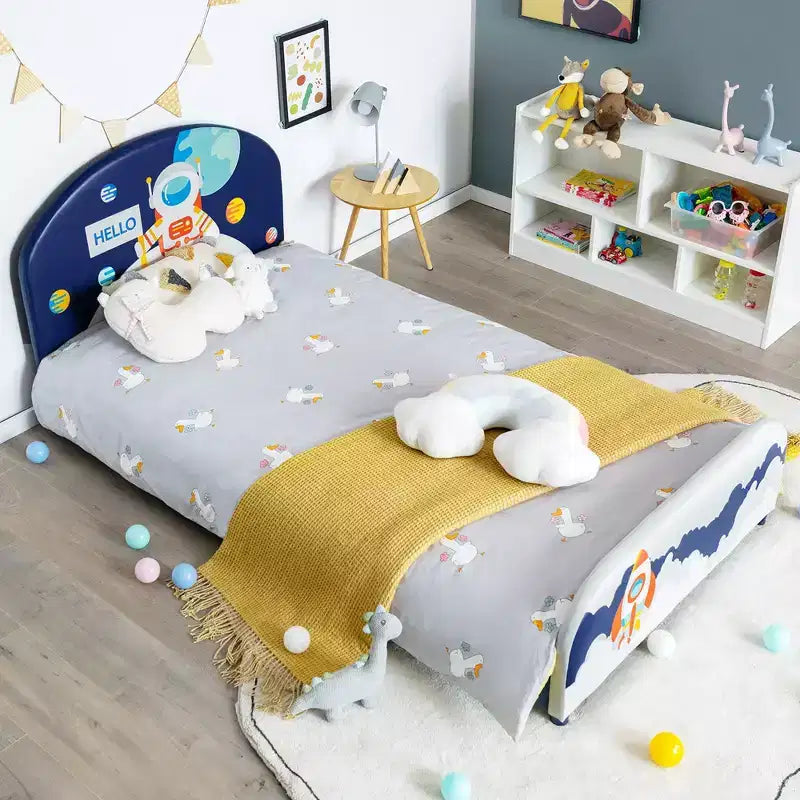Costway Letto a Piattaforma per Bambini Imbottito, Letto Singolo in Legno con Motivo Astronauta