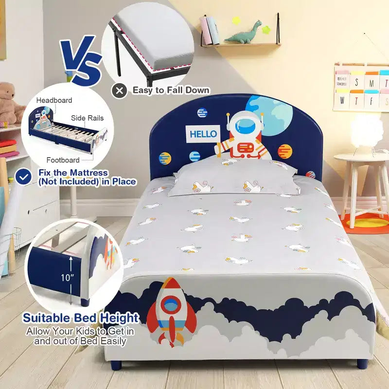 Costway Letto a Piattaforma per Bambini Imbottito, Letto Singolo in Legno con Motivo Astronauta
