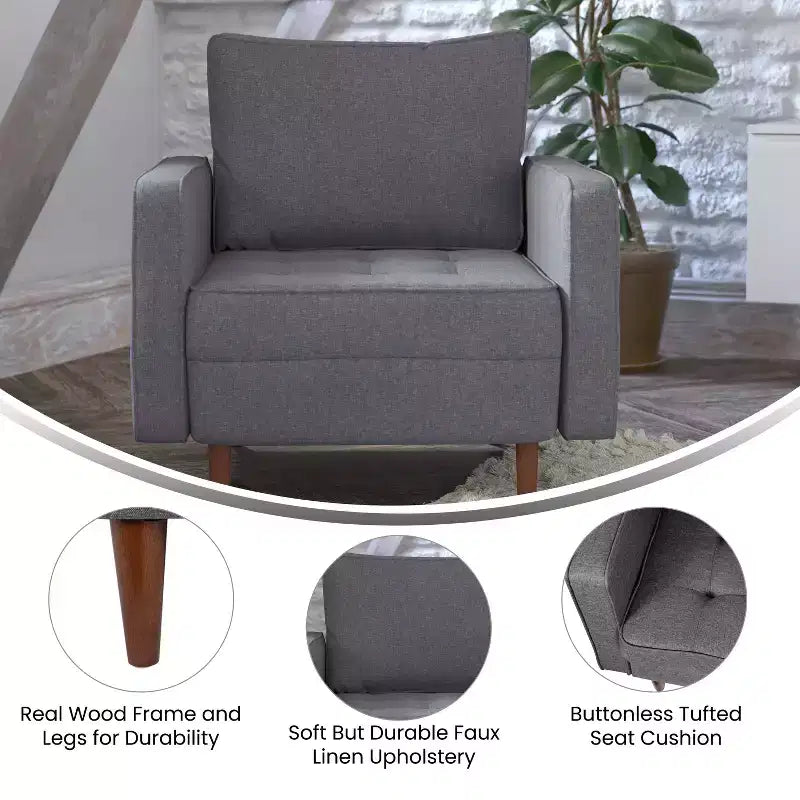 Poltrona Flash Furniture Hudson in stile moderno di metà secolo di qualità commerciale con rivestimento trapuntato in simil lino e gambe in legno massello