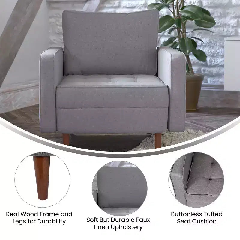 Poltrona Flash Furniture Hudson in stile moderno di metà secolo di qualità commerciale con rivestimento trapuntato in simil lino e gambe in legno massello