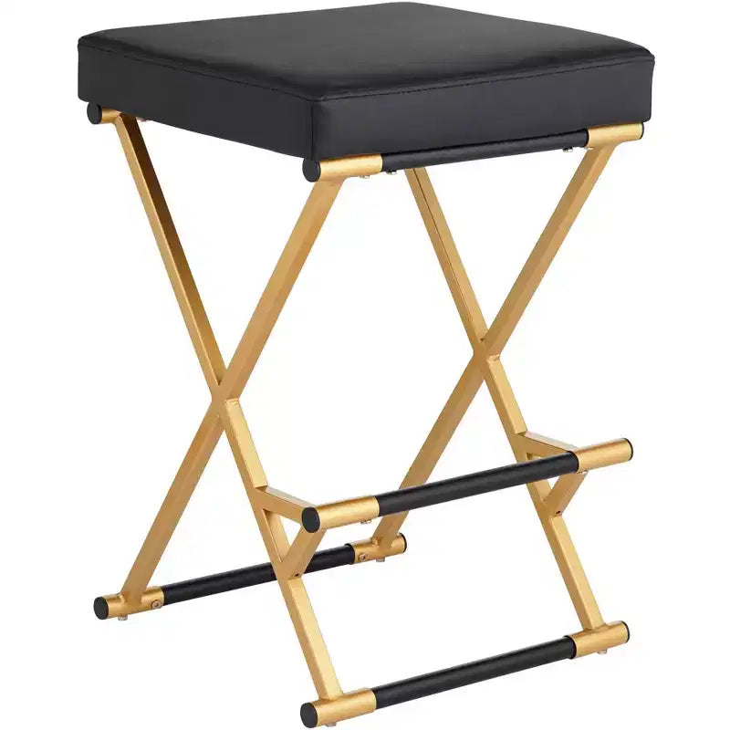 55 Downing Street Metal Bar Stool Gold 25 High Mid Century Modern Black Faux Leather Cushion with Footrest for Kitchen Counter Height Island Home