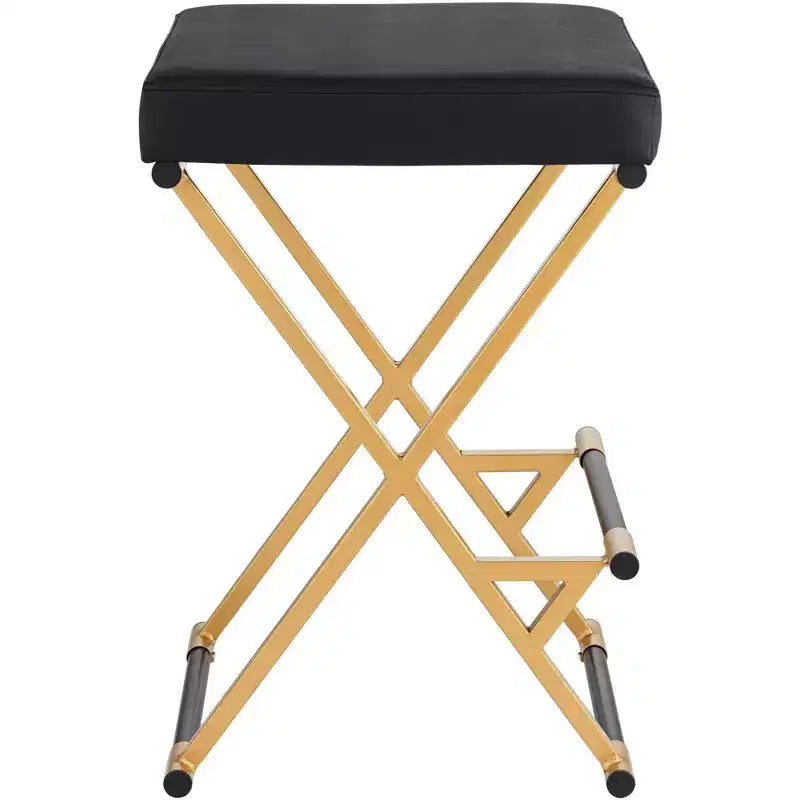 55 Downing Street Sgabello da bar in metallo, dorato, altezza 25", moderno di metà secolo, cuscino in ecopelle nera con poggiapiedi per bancone da cucina, isola domestica