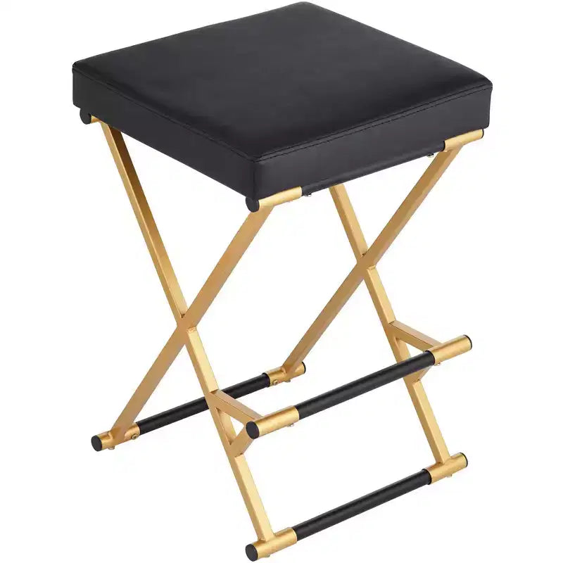 55 Downing Street Sgabello da bar in metallo, dorato, altezza 25", moderno di metà secolo, cuscino in ecopelle nera con poggiapiedi per bancone da cucina, isola domestica