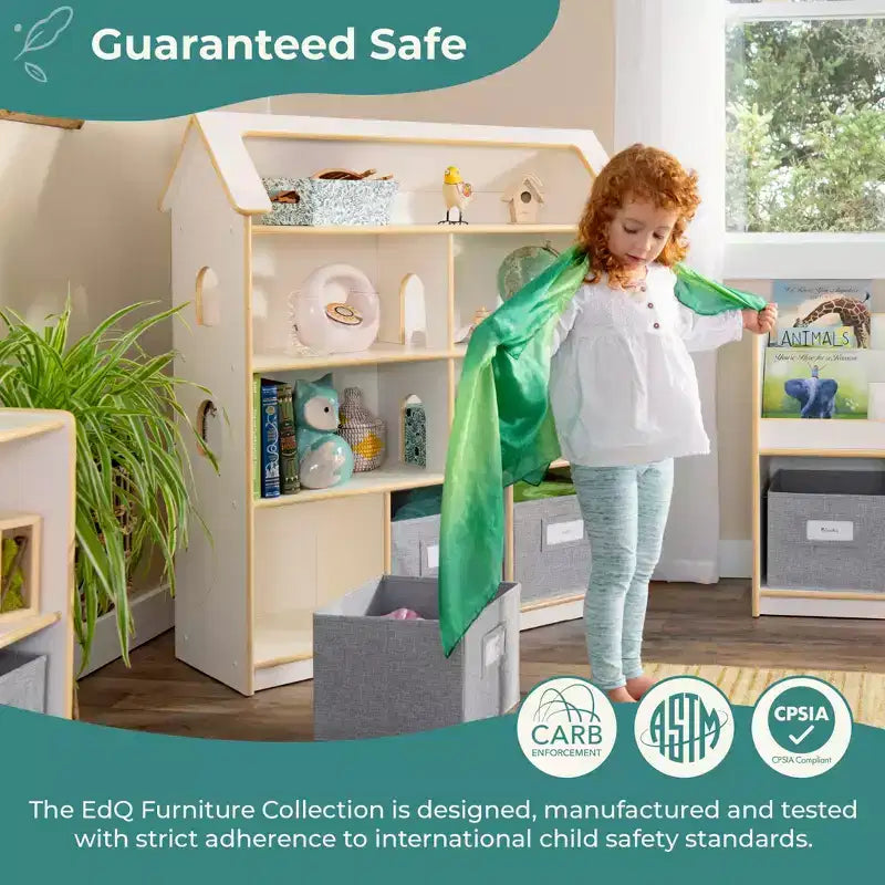 Libreria per casa delle bambole Guidecraft EdQ: mobile in legno per bambini per giochi di finzione per sala giochi e aula, con contenitori per giocattoli e bambole