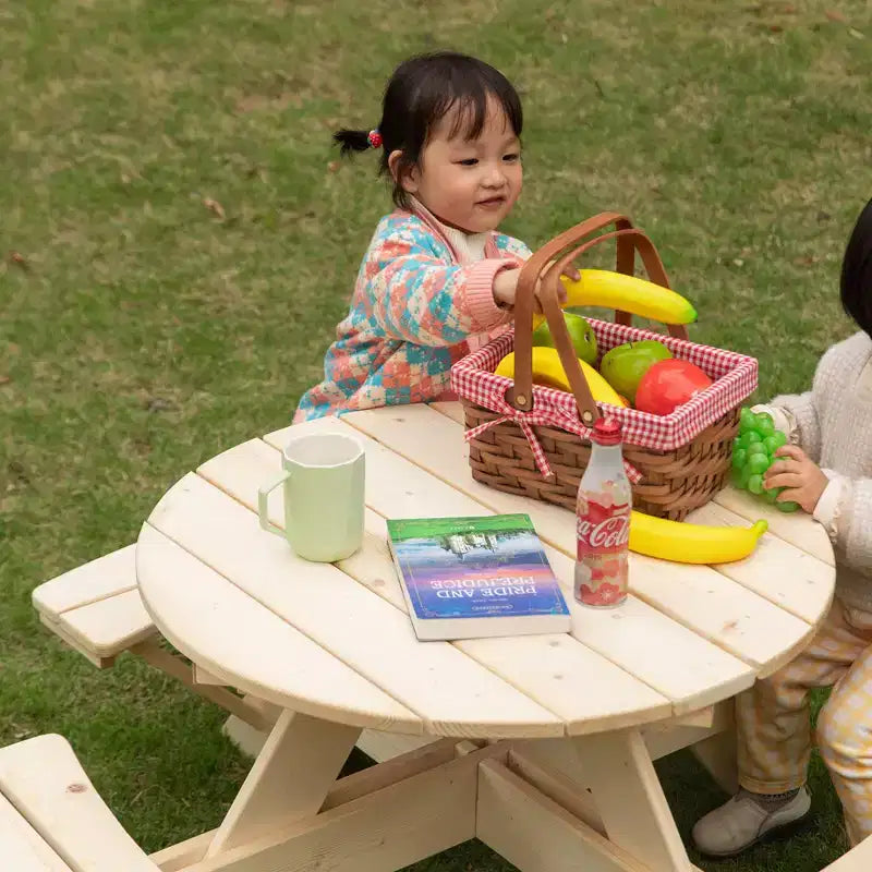 Gardenised Tavolo da Picnic Rotondo in Legno per Bambini, Panca da Esterno per Bambini, Tavolo da Patio per Artigianato, Pranzo e Gioco