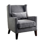 Poltrona moderna con schienale alto, rivestimento in flanella, borchie decorative e gambe color espresso – Grigia o Avorio