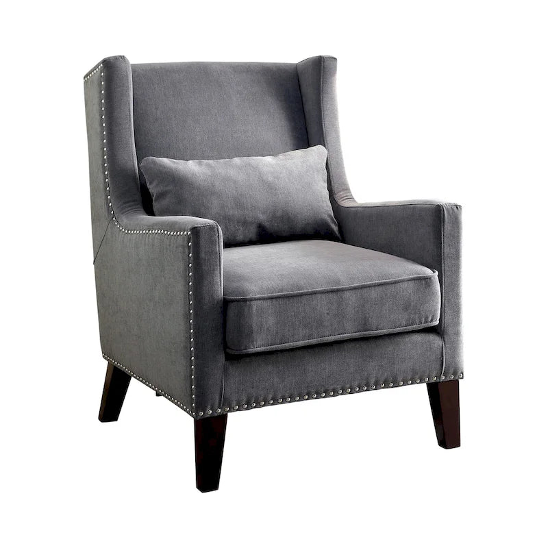 Poltrona moderna con schienale alto, rivestimento in flanella, borchie decorative e gambe color espresso – Grigia o Avorio