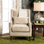 Poltrona moderna con schienale alto, rivestimento in flanella, borchie decorative e gambe color espresso – Grigia o Avorio