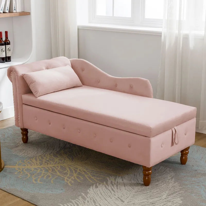 Chaise longue imbottita in velluto con braccioli arrotolati, contenitore e cuscino